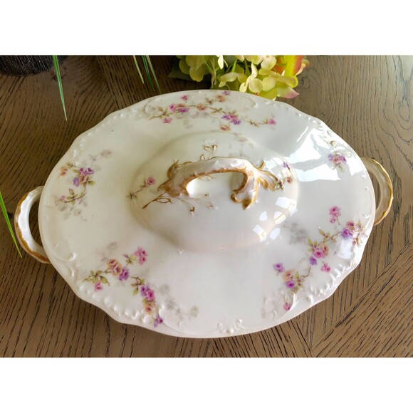 Antique Theodore Haviland Limoges Floral Oval Lidded Vegetable Server Gold Trim - Picture 2 of 8